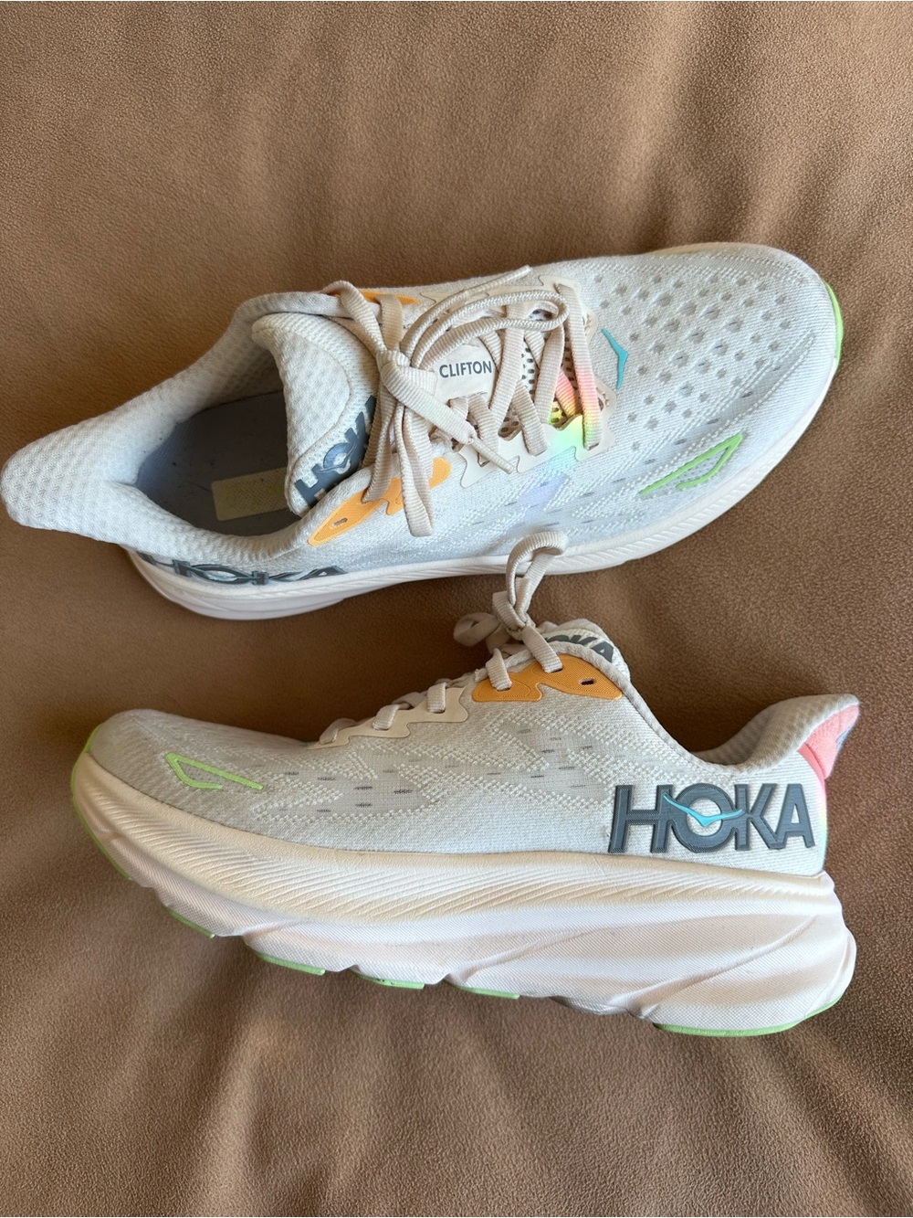 HOKA Clifton Women’s Running Shoes - White with Neon Accents
